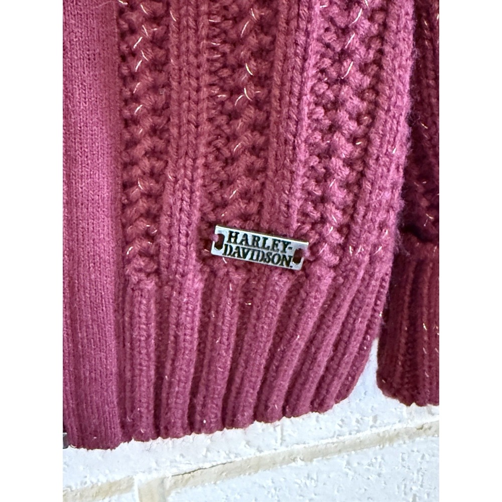 Harley Davidson Womens Burgundy Ribbed Metallic Zip Up Cardigan Sweater Size Lg‎ - Picture 2 of 6